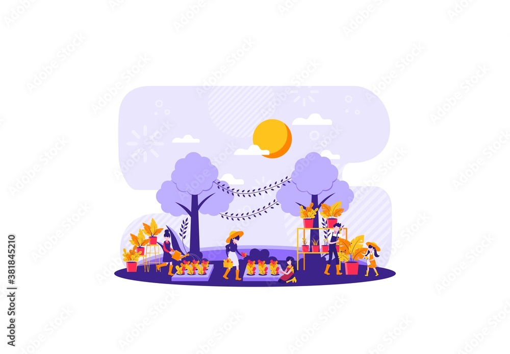 Fototapeta premium planting seeds in the backyard with the neighbors. Vector illustration