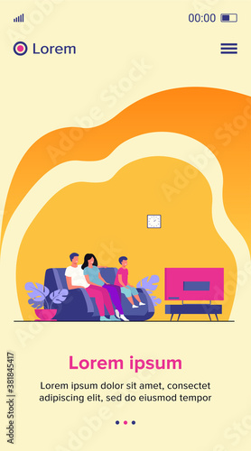 Happy family watching TV together flat vector illustration. Cartoon mother, father and kid sitting on couch or sofa at home and watching movie. Lifestyle and entertainment concept