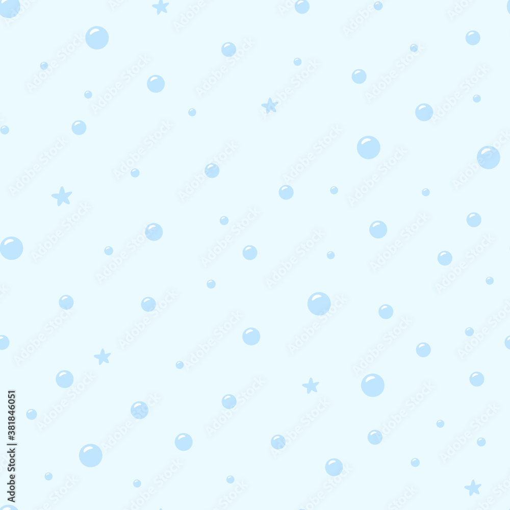 Bright vector pattern on the theme of the underwater world with underwater air bubbles and stars. Vector illustration for print, postcard, textile and fabric