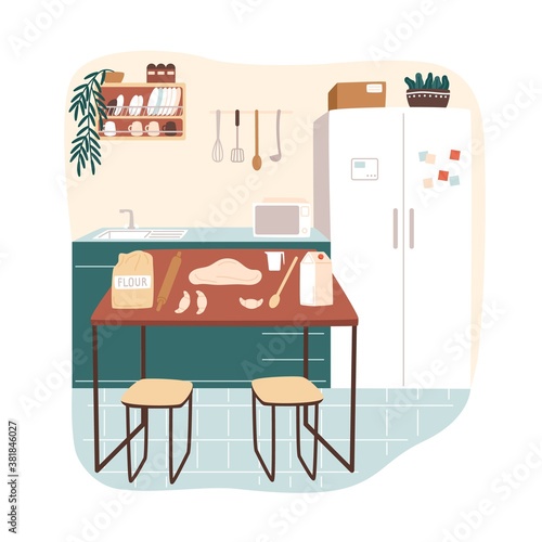 Empty kitchen interior with dough and flour for cooking croissant or cookie on table vector flat illustration. Comfortable cooking room with dishes, furniture, ingredients for baking culinary isolated