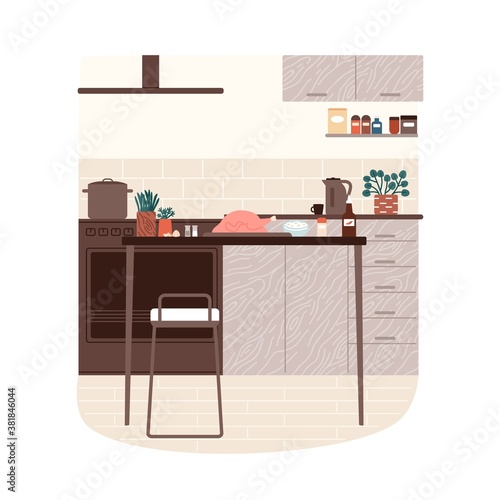 Modern kitchen minimalistic interior vector flat illustration. Comfortable cooking area with ingredients for dinner at table isolated. Empty furnishing home culinary room with chicken and spices