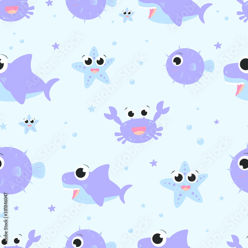 Bright vector pattern on the theme of the underwater world with shark, puffer fish, star, crab and underwater air bubbles. Vector illustration for print, postcard, textile and fabric © Elena Russkih