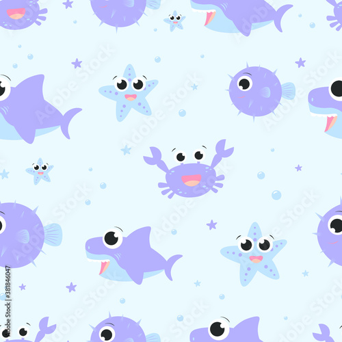 Bright vector pattern on the theme of the underwater world with shark, puffer fish, star, crab and underwater air bubbles. Vector illustration for print, postcard, textile and fabric