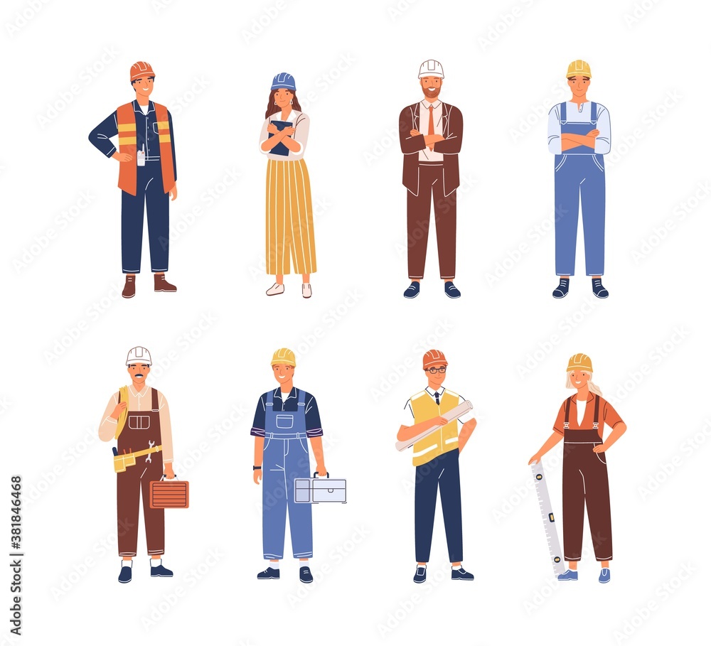 Set of smiling people industry or construction workers, engineers vector flat illustration. Collection of man and woman in uniform and hard hats isolated on white. Person with professional equipment Set of smiling people industry or construction workers, engineers vector flat illustration. Collection of man and woman in uniform and hard hats isolated on white. Person with professional equipment