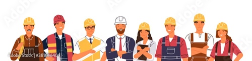 Team of builders and industrial workers standing together vector flat illustration. Portrait of smiling colleagues in uniform and hard hats isolated. Man and woman industry or construction employees