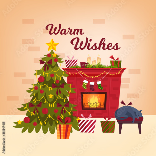 Christmas house interior postcard with brick chimney, decorated x-mas fir tree, sleeping cat, presents. Winter holiday room with red fireplace, stockings, gifts. Christmas indoor interior illustration