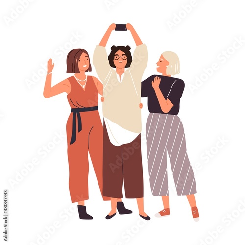 Group of happy female friends taking selfie use smartphone vector flat illustration. Smiling trendy woman photographing together having positive emotion isolated. People standing posing for photo