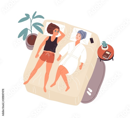 Two woman best friends lying on bed with mask on face and talking vector flat illustration. Happy female relaxing after spa or care procedure top view isolated. People spending time together at home