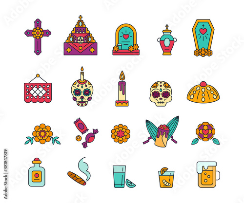 Dia de Muertos - solid icons in bright colors. Day of The Dead - Calavera symbols. Sugar skulls, bread Pan de Muertos, paper flag Papel picado, altar ofrenda, christian cross and more