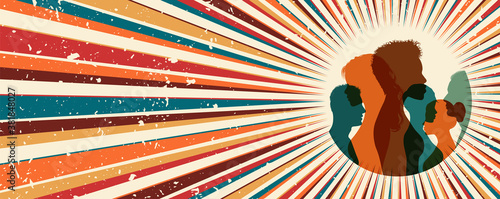 Diversity multiethnic group silhouette head face international people. Friendship. Male and female. Social networks. Community. Background retro dirty grunge vintage starburst wallpaper