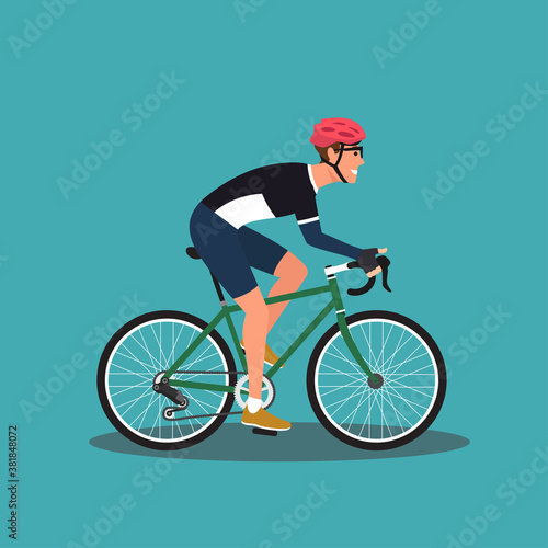 Hipster male riding bike. Young man cyclist isolated on white background. Stylish guy on bicycle flat vector illustration wearing helmet