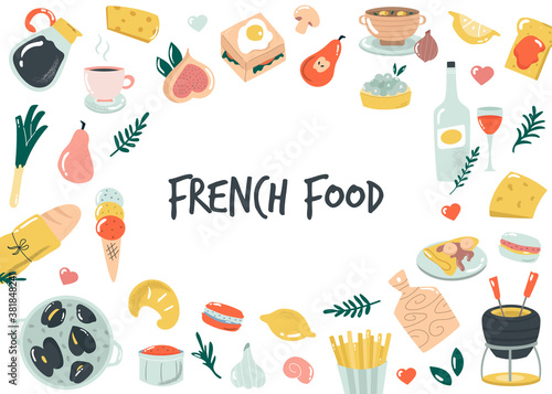 Hand drawn banner, background with French food. Delicious vector illustration