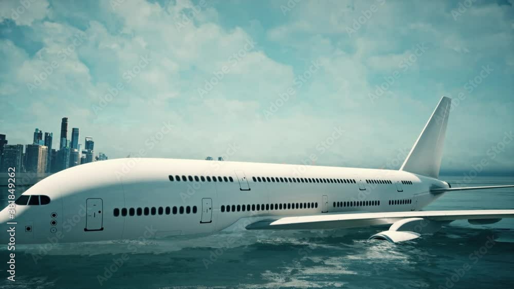 An unbranded commercial airplane after crash landing into the water of a city bay. An unbranded commercial airplane after crash landing into the water of a city bay.