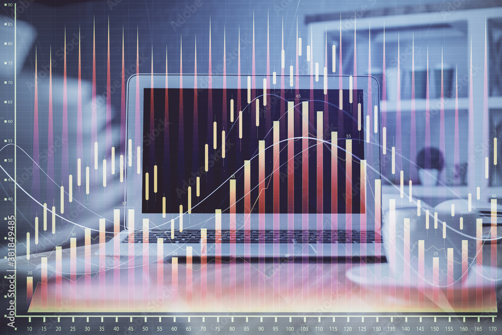 Financial market graph hologram and personal computer on background. Multi exposure. Concept of forex. Financial market graph hologram and personal computer on background. Multi exposure. Concept of forex.