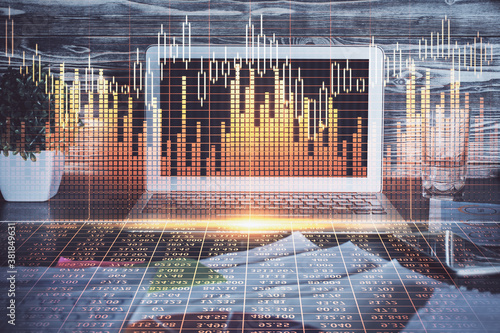 Multi exposure of chart and financial info and work space with computer background. Concept of international online trading. © peshkova