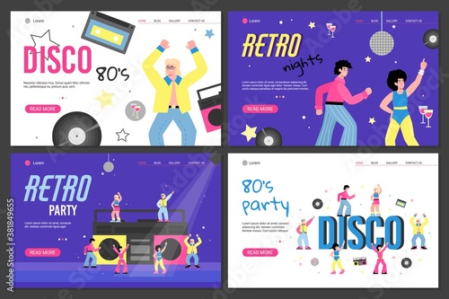 Set of Disco party bright banners or posters with cartoon people, flat cartoon vector illustration. Retro music and dance party colorful placards collection.