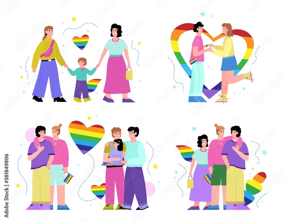 LGBT couples with rainbow symbols set of cartoon characters, flat vector illustration isolated on white background. . Movement against discrimination of LGBT culture.