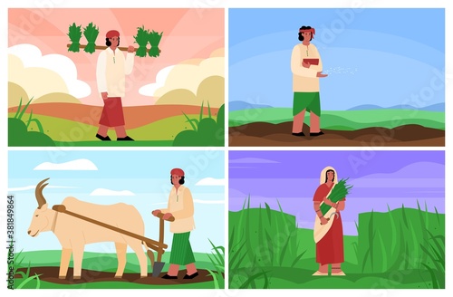 Set of scenes of agricultural works of indian peasants or country people, flat cartoon vector illustration. Harvest pickers characters in traditional Indian clothes.