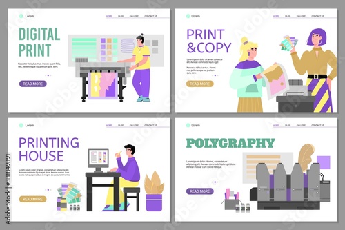 Set of website banners for offset polygraphy services and printing house with cartoon people and print facilities, flat vector illustration. Landing pages for typography. photo