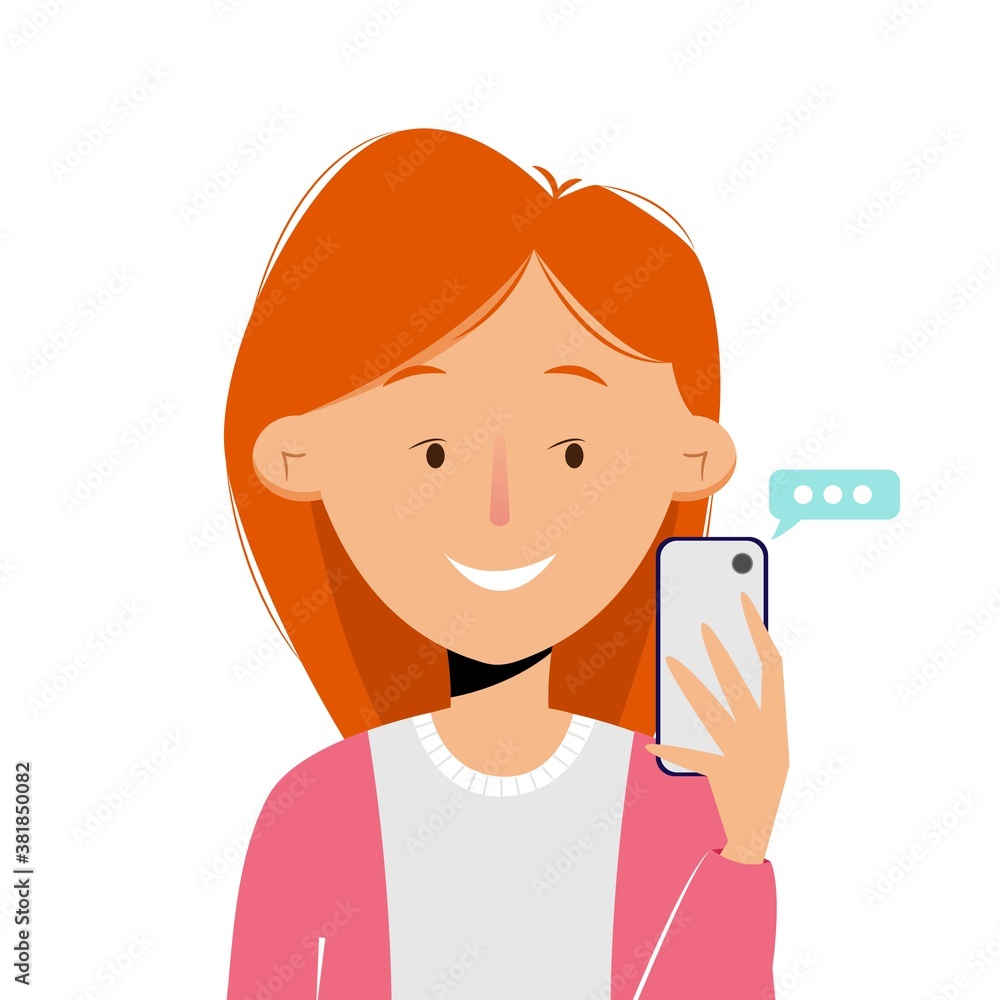 Cute girl using smartphone for chat, sending and receiving messages. Vector illustration on flat style Cute girl using smartphone for chat, sending and receiving messages. Vector illustration on flat style