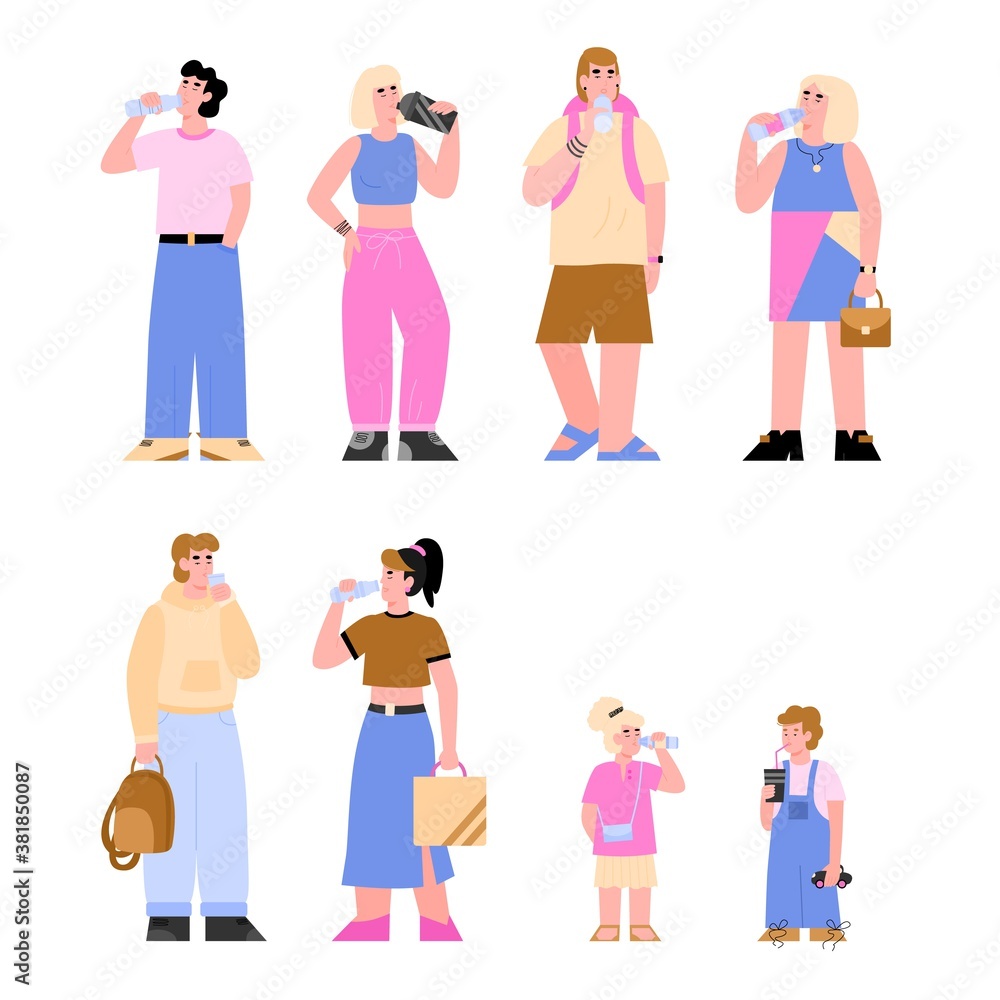 People drinking water for keeping fit and water balance. Healthy lifestyle compulsory things, flat cartoon vector illustration isolated white background People drinking water for keeping fit and water balance. Healthy lifestyle compulsory things, flat cartoon vector illustration isolated white background
