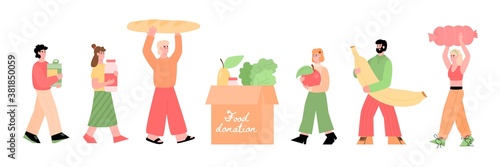 People bringing food in food donation box. Donating food charity activity and sustainable consumption trends, flat cartoon vector illustration isolated white background