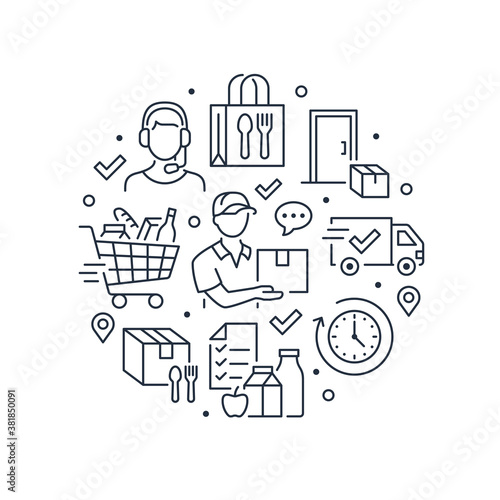 Food delivery circle poster with line icons. Vector illustration - courier, door contactless delivering, grocery list, dinner, shopping cart outline pictogram for fast distribution flyer or brochure