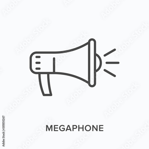 Megaphone flat line icon. Vector outline illustration of loudspeaker. Bullhorn announce thin linear pictogram