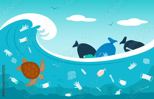 ocean pollution with medical waste after covid-19. floating medical masks, trash bags, medical gloves