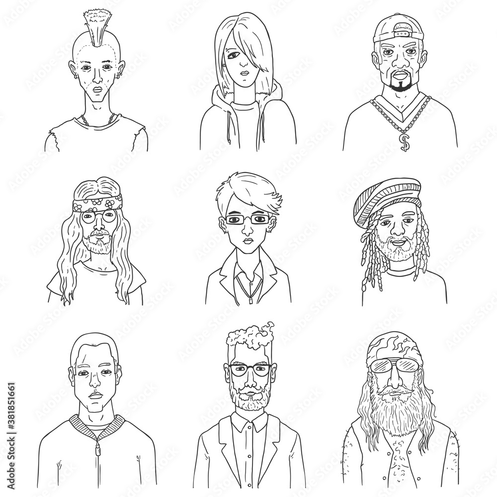 Vector Set of Outline Characters. Different Subculture Portraits. Vector Set of Outline Characters. Different Subculture Portraits.