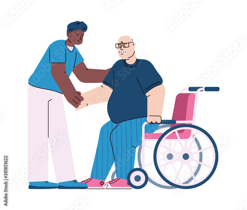 Therapist or nurse in rehab clinic helping a disabled patient, cartoon vector illustration isolated on white background. Medical rehabilitation and physical therapy.