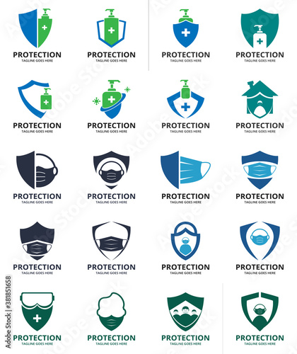Set Shield protecting Logo Design Template. Illustration vector graphic of shield and face mask design concept. protective antivirus shield to coronavirus, COVID-19, 2019-nCoV infection. 