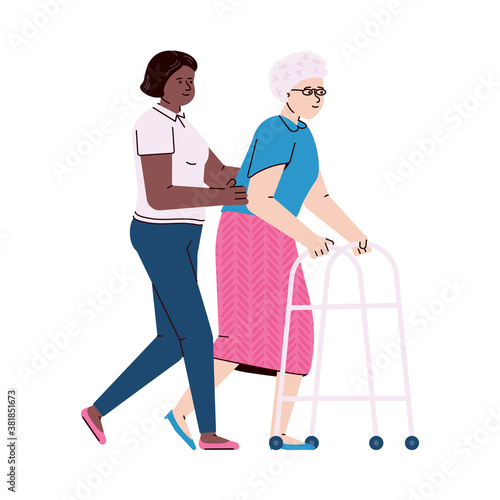 Nurse helps an elderly female patient go with a walker. Rehabilitation center. Health care and medical services for pensioners. Vector illustration isolated on a white background.