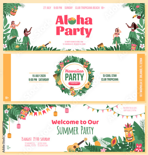 Invitation flyers set for Aloha Hawaiian party, flat cartoon vector illustration. Beach or pool summer party in hawaiian style ad with cartoon people hawaiian dancers.