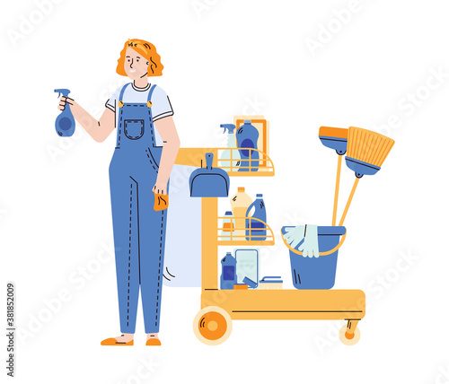 Cleaning staff character with professional cleaning equipment. Woman working in cleaners team, flat cartoon vector illustration isolated white background