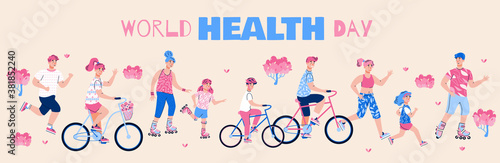 World Health Day banner template with active and sportive cartoon people running and cycling, flat vector illustration. Healthy lifestyle and sport activity.