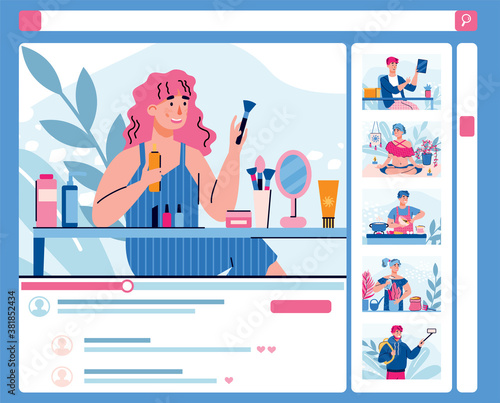Female beauty vlogger doing cosmetics review. Online video tutorials on makeup. Creating internet content, streaming videos, chat with subscribers. Vector flat cartoon illustration