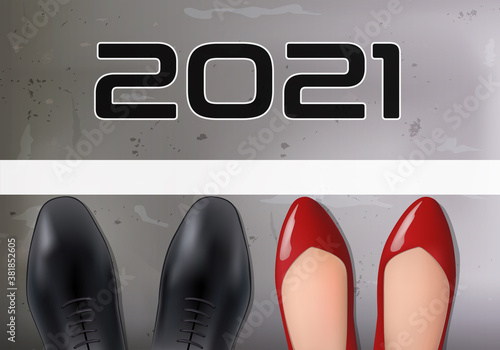 Concept de carte de vœux 2021 pour la lutte contre la discrimination entre les sexes, avec pour symbole les pieds d’un homme et d’une femme sur la ligne de départ d’une course.