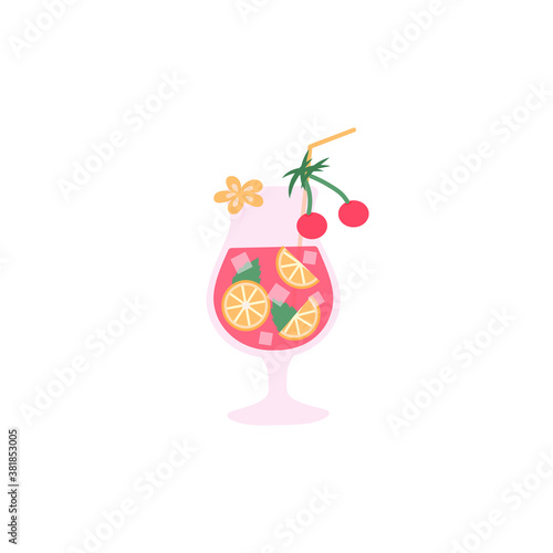 Icon of a glass with a refreshing hawaiian cocktail. Drink with ice, citrus, mint and cherry. Flat vector illustration isolated on a white background.