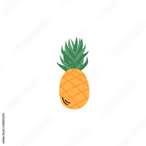 Icon of a yellow unpeeled uncut pineapple with green leaves. Summer fruit for a healthy lifestyle. Fresh and ripe natural food. Flat cartoon isolated vector illustration.