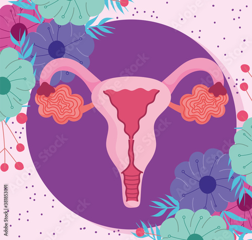 female human reproductive system, uterus with leaves and flowers
