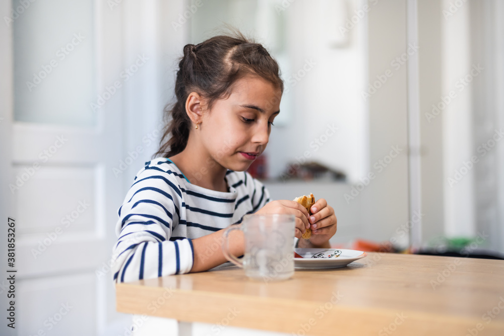 Closeup front view of a elementary school girl eating a burger at a home. She's looking at camera and making funny faces. Closeup front view of a elementary school girl eating a burger at a home. She's looking at camera and making funny faces.