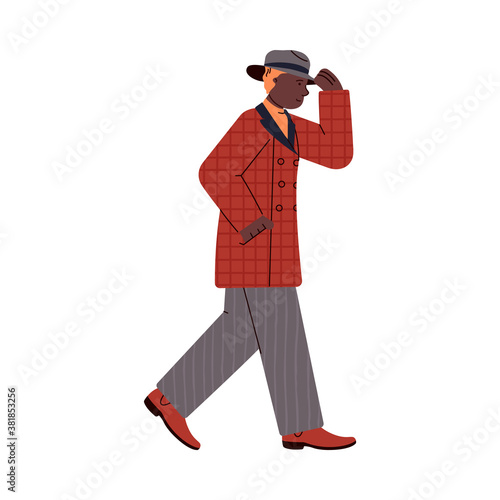 Walking man dressed in warm rainproof clothes for autumn weather, cartoon flat vector illustration isolated on white background. Urban autumn male character.