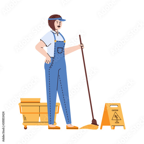 Woman in uniform stands near caution sign and cleaning cart and holds a mop in her hand. Cleaning service staff. Line cartoon vector illustration isolated on a white background.