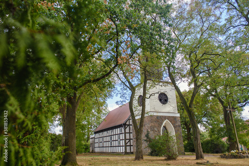 Church exterior during wedding ceremony. Blue sky with sunny weather.