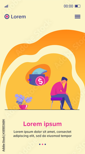 Depressed sad man thinking over financial problems and debts. Businessman broke, needing money, having unpaid loan. Vector illustration for bankruptcy, loss, crisis, trouble concept