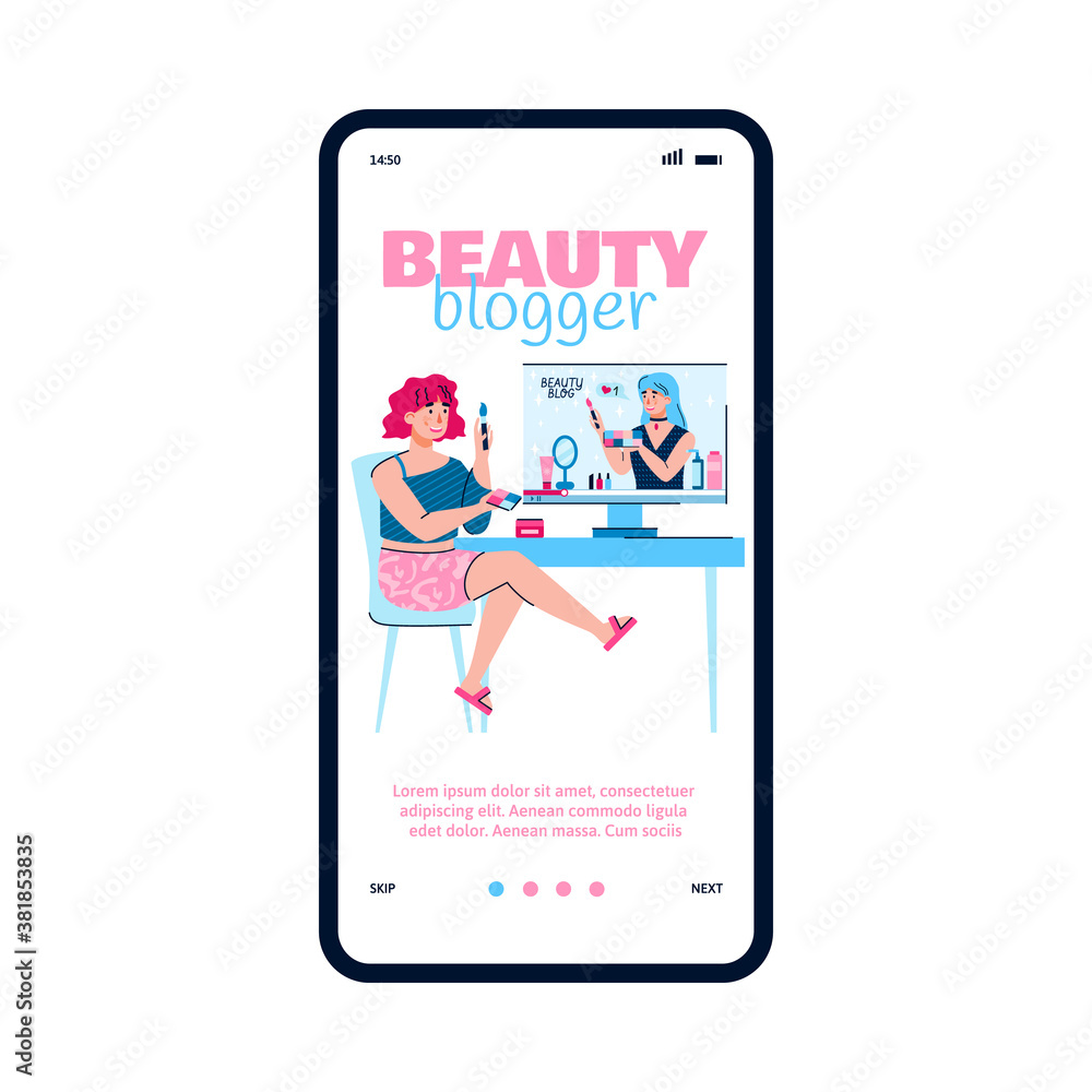 Girl subscriber is watching an online video tutorial with a female beauty blogger making a review of makeup and cosmetics. Mobile phone screen. Flat cartoon vector illustration Girl subscriber is watching an online video tutorial with a female beauty blogger making a review of makeup and cosmetics. Mobile phone screen. Flat cartoon vector illustration