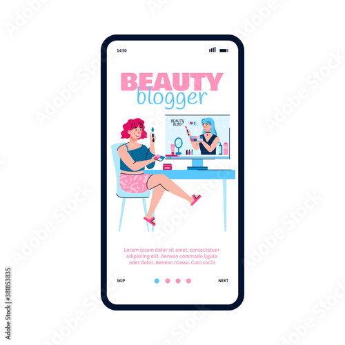 Girl subscriber is watching an online video tutorial with a female beauty blogger making a review of makeup and cosmetics. Mobile phone screen. Flat cartoon vector illustration