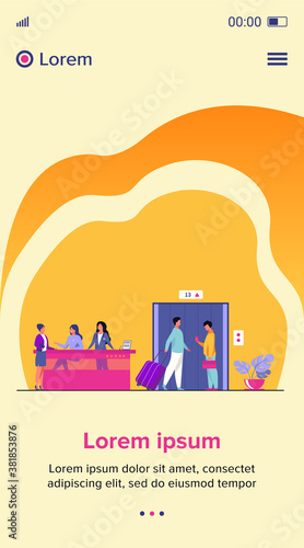 Tourists with luggage waiting at hotel reception desk, walking through lobby to elevator. Receptionists welcoming guests at counter. Vector illustration for hotel business, hospitality, travel concept