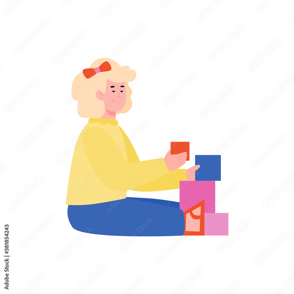 Cute little girl playing toy blocks sitting on the floor, cartoon flat vector illustration isolated on white background. Early education and intellectual development. Cute little girl playing toy blocks sitting on the floor, cartoon flat vector illustration isolated on white background. Early education and intellectual development.